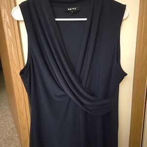DKNY Designer Women's Navy Blue Ruched Deep V Sleeveless Blouse Top Size XL NWOT